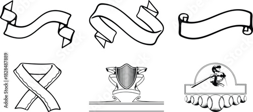 Collection of vector graphic elements featuring ribbons shield and baseball design for creating logos banners and decorative accents in black and white style perfect for various projects