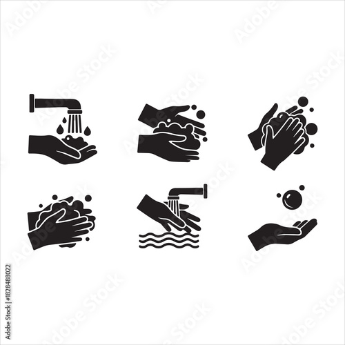 Wash your hands icons set. Hand washing icons set. Hand drawing with water tap, drop, soap bubble sign, vector illustration. Handwashing icon fill vectors set for ui.