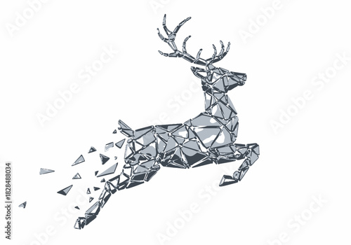 Geometric Silver Deer Leaping with Fragmented Design and Antlers.