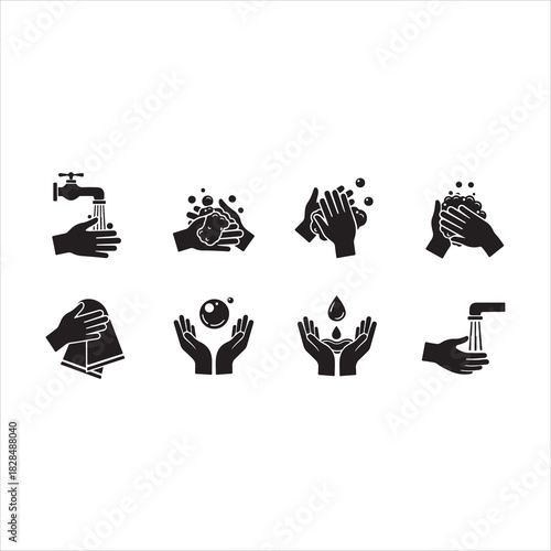 Wash your hands icons set. Hand washing icons set. Hand drawing with water tap, drop, soap bubble sign, vector illustration. Handwashing icon fill vectors set for ui.