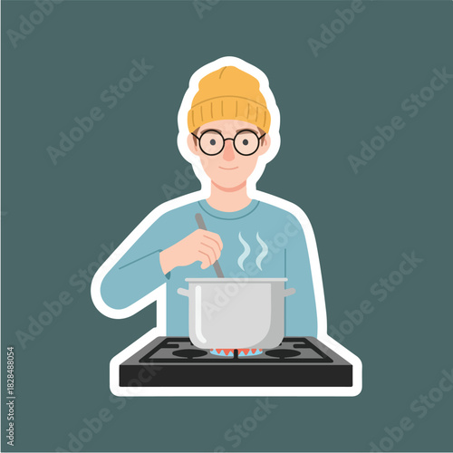 A flat design sticker of a person in a yellow beanie and glasses stirring a pot on a stovetop, illustrating the act of cooking and preparing food in a stylized, minimalist graphic