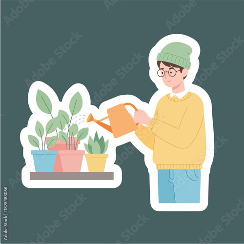A Flat Illustrated Sticker Depicting a Person Caring for Potted Plants, a Charming Addition to Any Lifestyle or Home Decor Collection