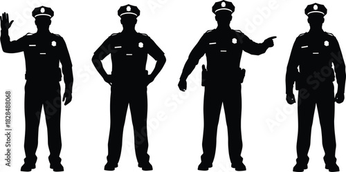Policeman in Uniform with Hand Gestures - Stop, Attention, Pointing - Vector Illustration.