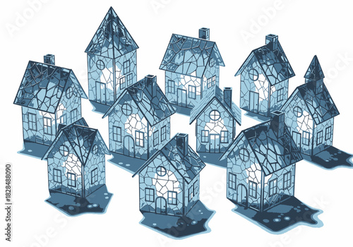 Stylized cracked glass houses glowing with light forming a unique textured community.