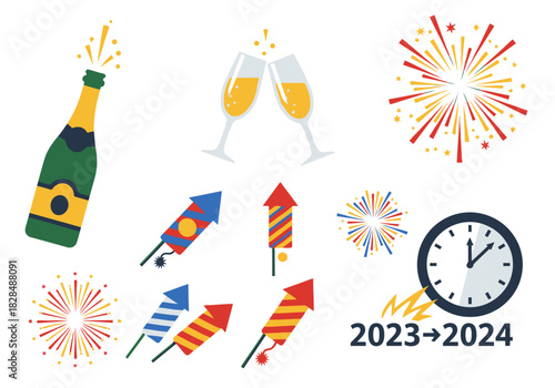 Vibrant Flat Design New Year Celebration Icons Popping Champagne Toasted Flutes Colorful Fireworks Countdown Clock 2024.