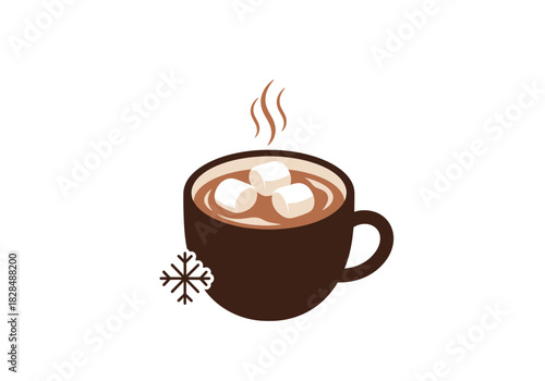 Cozy hot chocolate mug with three white marshmallows rising steam and a snowflake icon vector illustration.