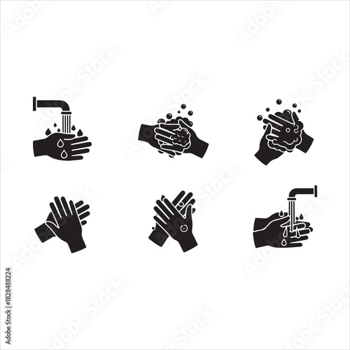 Wash your hands icons set. Hand washing icons set. Hand drawing with water tap, drop, soap bubble sign, vector illustration. Handwashing icon fill vectors set for ui.