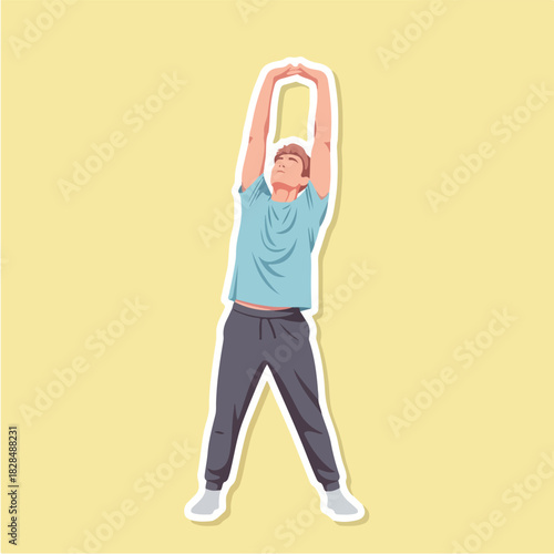 A man is stretching his arms up in the air in a sticker-flat style illustration, depicting a healthy lifestyle and physical fitness