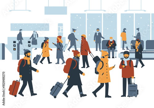 Stylized winter travelers with luggage wearing warm coats hats scarves walking and waiting in a snowy transport hub.
