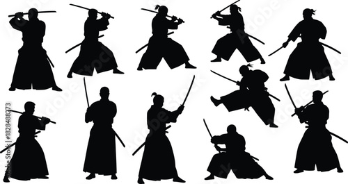 Samurai Warrior Kendo Fighter Black Silhouette Vector Set of Japanese Martial Arts Figures Wielding Katana Swords in Various Poses.