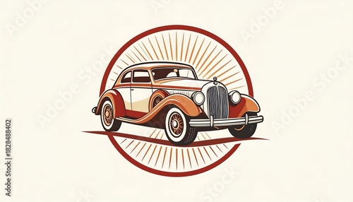 Classic car graphic. White and orange vintage vehicle with radiating sunburst in circle on cream background