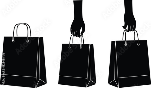 Set of black paper shopping bags, two held by human hands, isolated for commerce, retail, sale event, and consumerism vector illustration design elements.