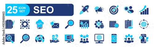 SEO Optimisation set of web icons in line style. vector illustration concept relate to market, digital, cyberspace, download, presentation, money, time, commerce
