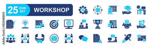 Workshop set of web icons in line style. teacher, vector illustration concept relate to presentation, video, leadership, event, coach