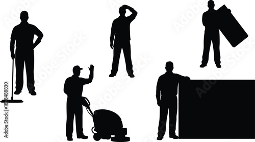 Set of manual workers and service professionals silhouettes including cleaner using floor polisher, carrying board, and mopping in various poses vector.