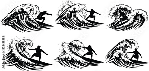 Set of Surfer Silhouettes Riding Large Ocean Waves Collection Vector Illustration for Water Sports and Extreme Summer Activity