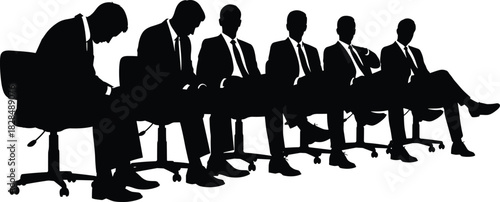 Silhouette of Depressed Businessman Awaiting Interview Results While Colleagues Sit Waiting in Corporate Waiting Room