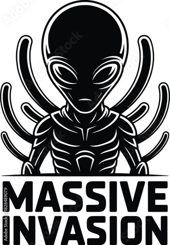 Black alien with tentacles and text Massive Invasion