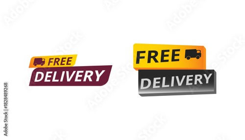 Shipping promotion sticker design featuring the words FREE DELIVERY and a small truck silhouette on colorful layered banner shapes.