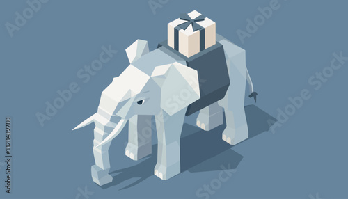 Isometric illustration of a white elephant carrying a gift box on its back.