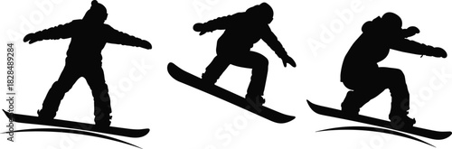 Snowboarding action silhouette vector set, featuring dynamic snowboarders performing jumps and tricks in various poses for winter sports and extreme recreation graphics.