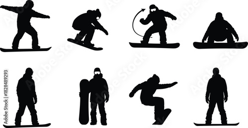 Snowboarder Silhouettes in Different Action Poses and Jumps Collection Vector Illustration for Winter Sports and Extreme Activity Design