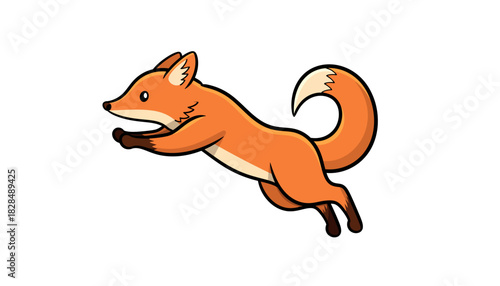 A cute cartoon illustration of a red fox leaping through the air with its legs extended.