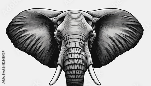 Detailed black and white illustration of an elephant's head with large ears and tusks, facing forward.
