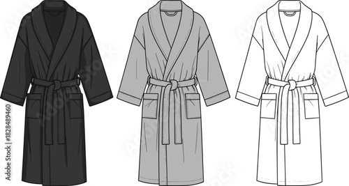 Terry Cloth Robe Technical Fashion Drawing for Apparel Design Mockup.