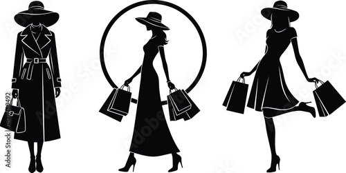 Three elegant, fashionable women black silhouettes wearing hats and dresses, holding shopping bags, isolated for luxury retail and advertising vector design.