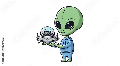 Cute Green Alien Holding a Miniature City in a Spaceship.