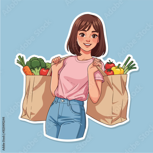 Illustration of a smiling young woman holding two paper grocery bags filled with fresh produce and healthy food, perfect for lifestyle and wellness themes