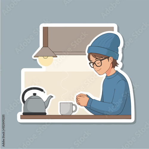 Flat illustration of a person wearing a blue beanie and sweater, holding a warm mug, with a teapot and steam, evoking cozy feelings and a moment of quiet reflection on a cool day