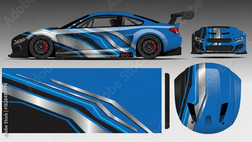 Blue racing car with silver and black stripes.