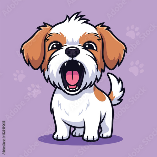 An adorable cartoon puppy with brown and white fur barking happily on a purple background with paw prints.
