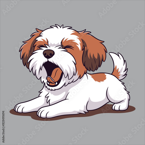 Cute cartoon puppy with white and brown fur yawning widely while lying down, looking sleepy and adorable.