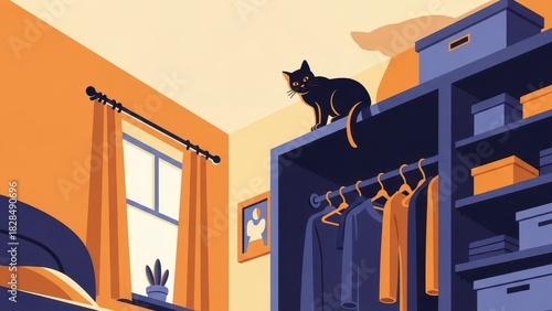 Black Cat Perched Atop Wardrobe in Cozy Bedroom Interior.