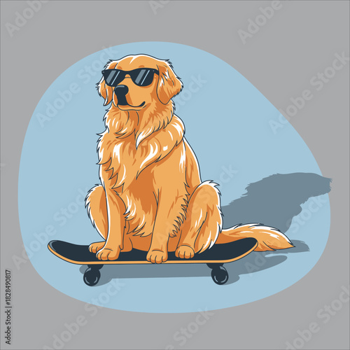 A cool golden retriever dog wearing sunglasses sits on a skateboard.