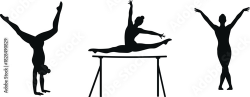 Dynamic Gymnastics Silhouettes Set: Female Athletes Performing Artistic Handstand, Balance Beam Split, and Floor Exercise Poses, Illustrating Grace, Strength, and Flexible Sports Training.