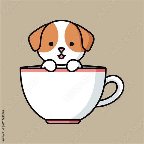 A cute cartoon brown and white puppy peeking out of a white teacup on a beige background.