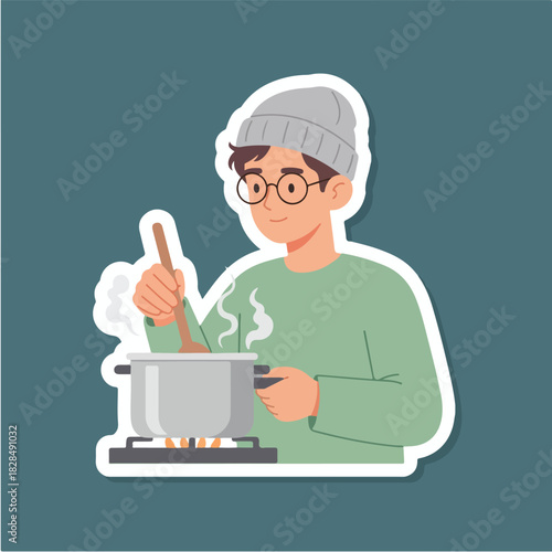 Cozy flat illustration of a young man wearing a beanie and glasses, stirring a pot of steaming food on a stove, perfect for lifestyle and culinary content,
