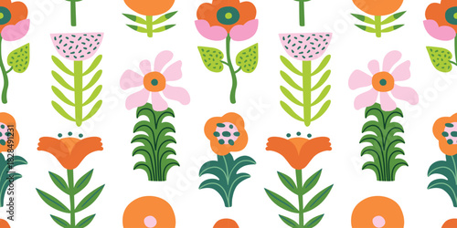 Seamless jungle tropical abstract pattern with tropical flowers and leaves. Summer texture. Vector illustration. White background.