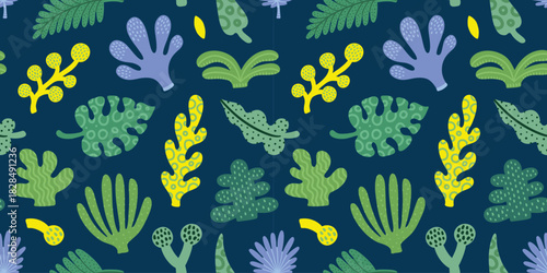 Seamless modern simple jungle tropical abstract pattern with palm tree, leaves. Summer texture. Vector illustration. Dark blue background.