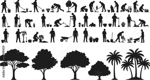 Professional Gardener Silhouettes Planting and Caring for Nature, Vector Illustration of Diverse Trees, Shrubs, Palms, and Workers Engaged in Agricultural, Horticultural, and Landscaping Activities