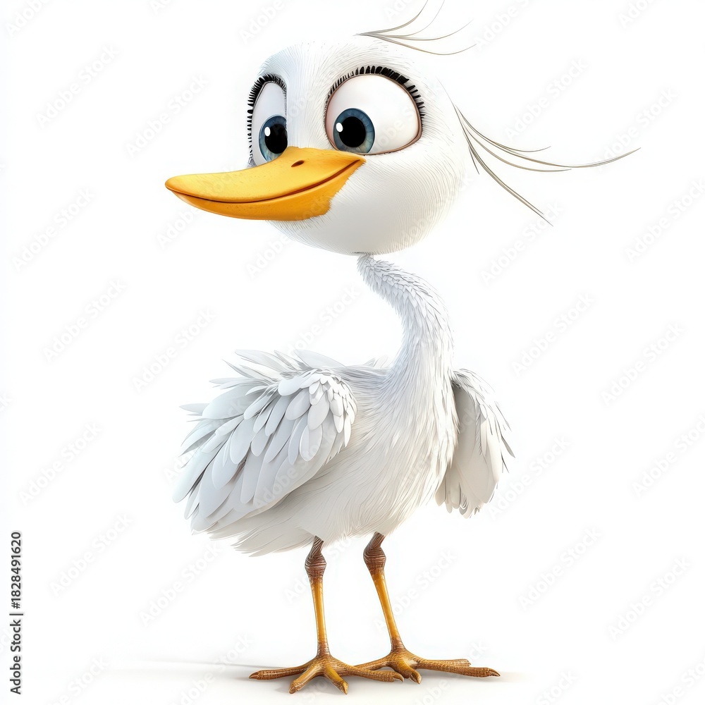 Fototapeta premium Adorable cartoon seagull with big blue eyes and a bright orange beak, isolated on white, perfect for children's books or educational materials