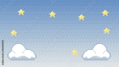 ドット絵のループする雲と星の待機画面・背景,文字無し,青