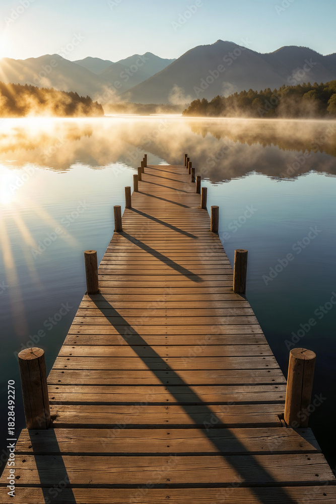 Obraz premium Wooden dock extending into misty lake at sunrise with mountain silhouettes and golden light reflecting on calm water.