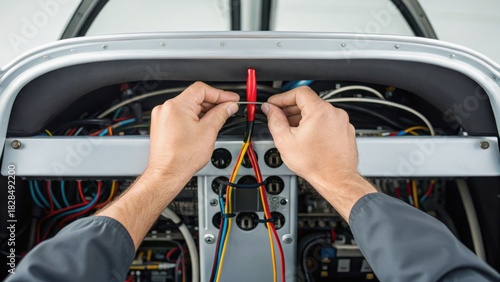 Hands working on electrical wires in an aircraft cockpit, showcasing attention to detail in aviation maintenance.
