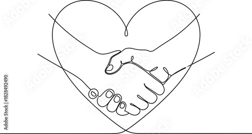 Heart of handshake as friendship and love icon. Continuous line art drawing. 