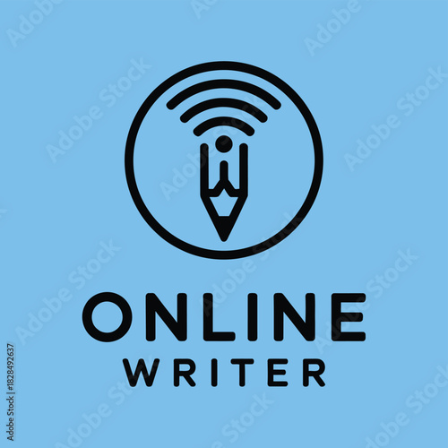 logo design for online writer, featuring pencil illustration and wifi icon in line art style, isolated on white background, perfect for digital writing, freelance author branding, and content creation
